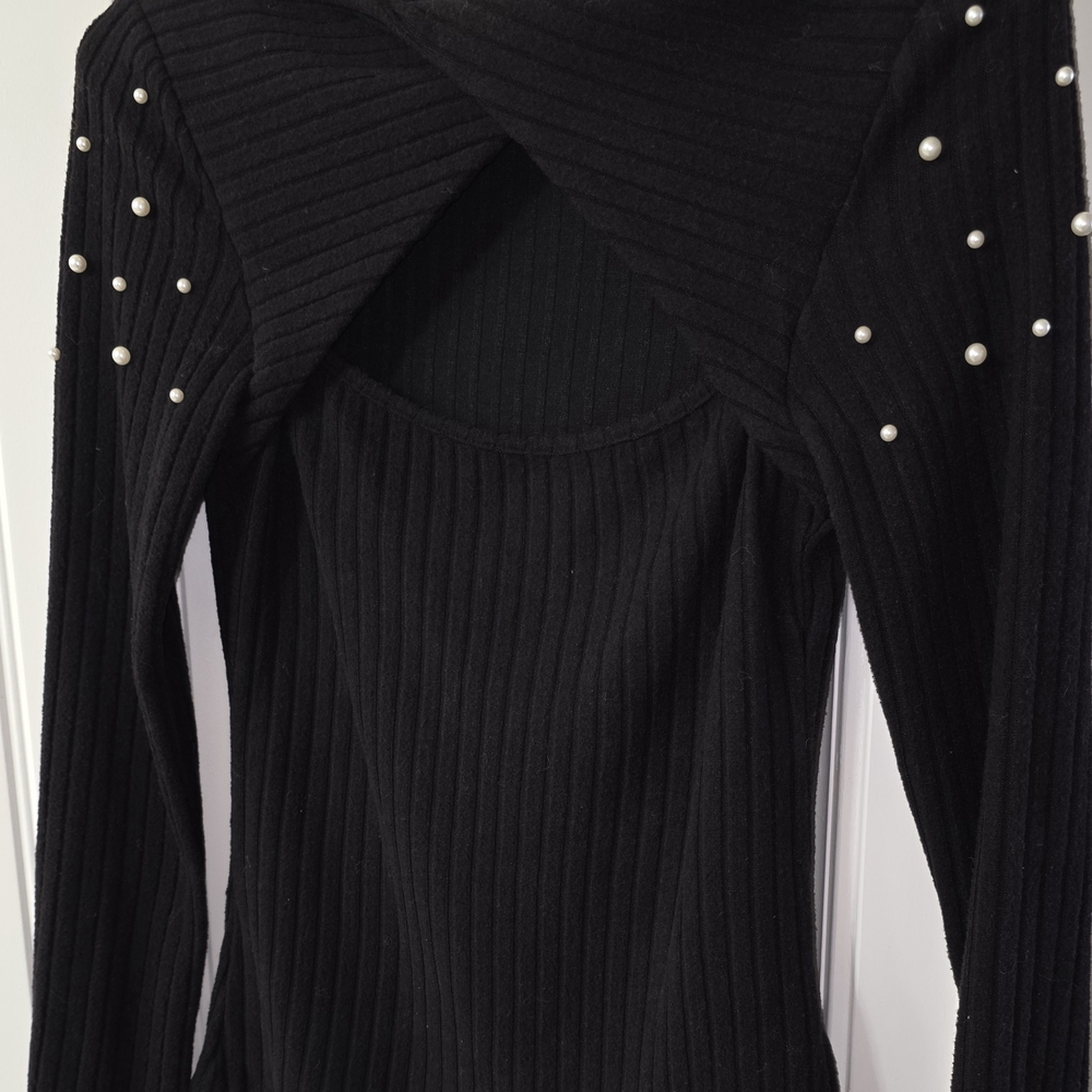 Cupshe Black Off-the-Shoulder Sweater with Pearl Details